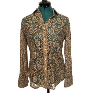 J Crew Classic Fit Floral Lace Button Up Shirt Tan‎ Brown Size 4